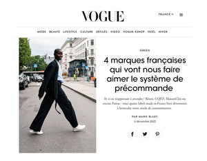 Parution presse magazine Vogue France "4 marques françaises qui vont nous faire aimer le système de précommande" pour CQFD Mode Positive en décembre 2022