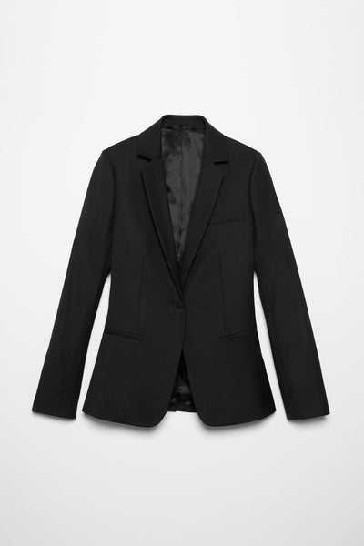 Veste/blazer costume tailleur noir pour femme, made in France, matière en 100% laine vierge italienne naturelle certifiée, disponible du 34 au 56 en précommande